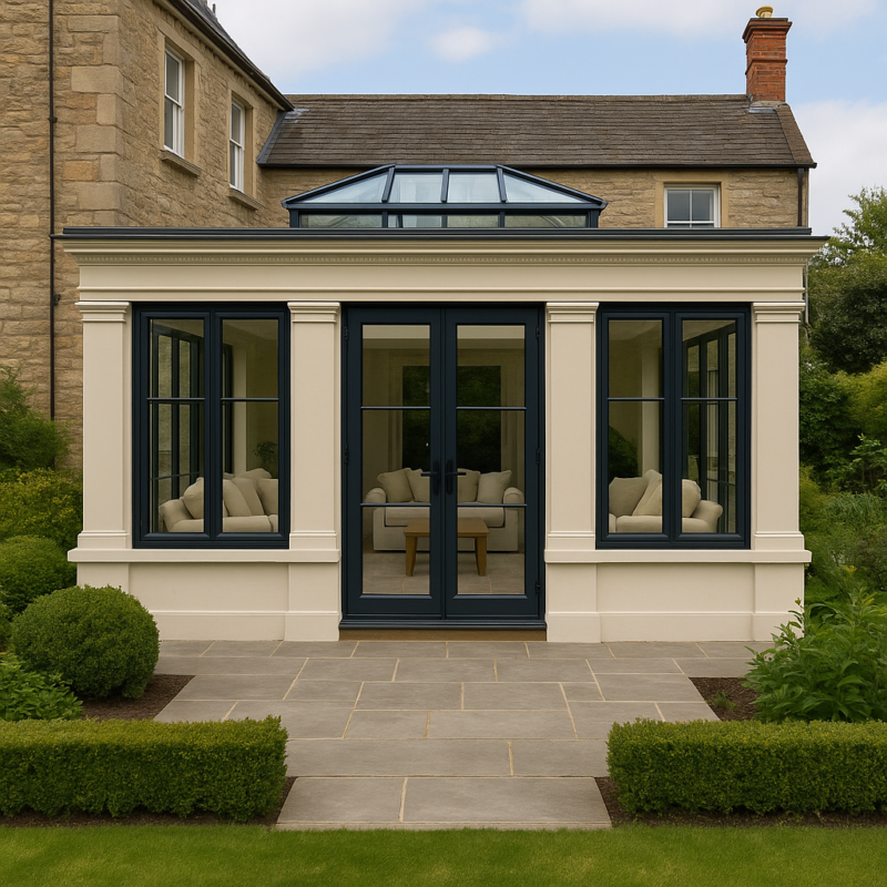 Newly built orangery attached to a period property, blending modern and classic design